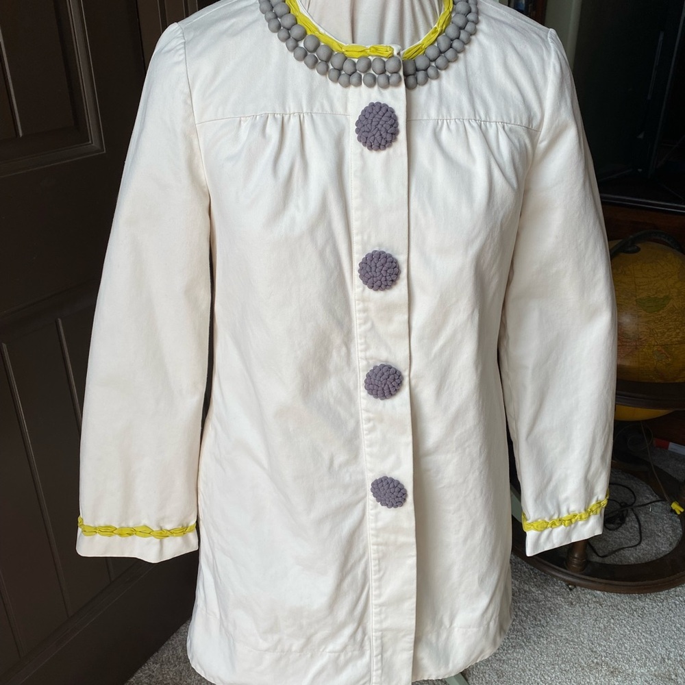 Boden Cream Trench Coat with Gray and Yellow Details